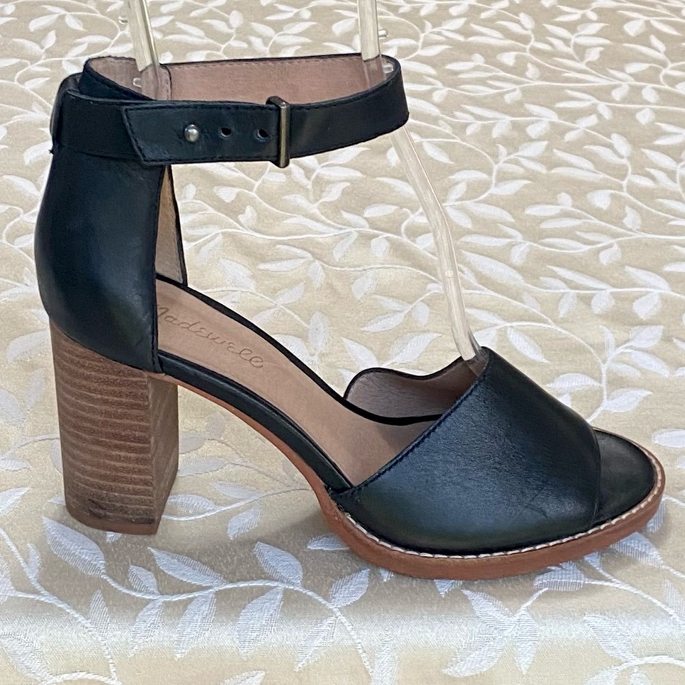 Madewell Black Leather Ankle-Strap Block Heel Sandals